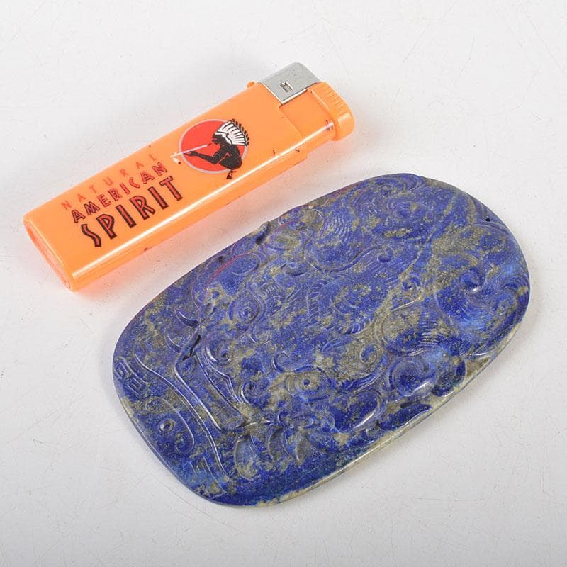 中国　玉石彫刻　ラピスラズリ　神獣彫　根付　玉器　紙鎮　時代箱　C　6816