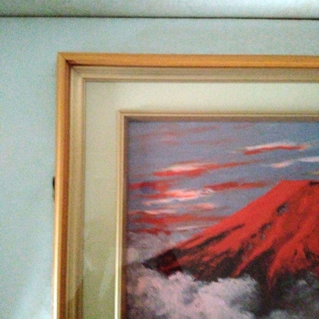 大型赤富士油彩画　開運　縁起物　風水　木製額縁　富士山　油絵　肉筆　大山功