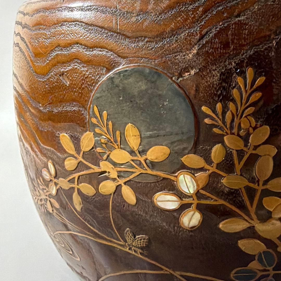 桐材 秋草蒔絵 火鉢 虫の音 螺鈿 陽刻 梨地