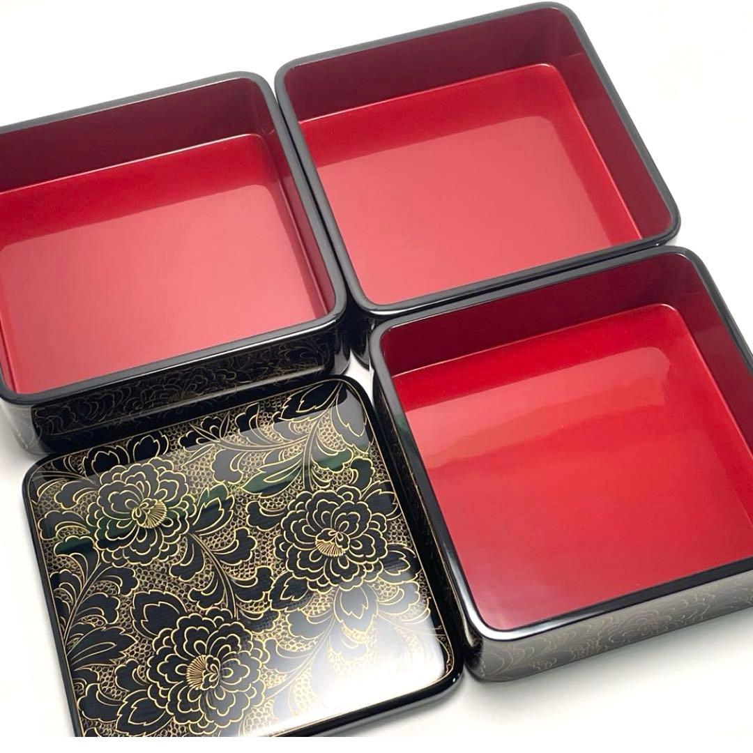 輪島塗り 玉峰作 三重箱 漆器のアソベ 蒔絵 金彩 牡丹唐草 漆器 重箱 おせち