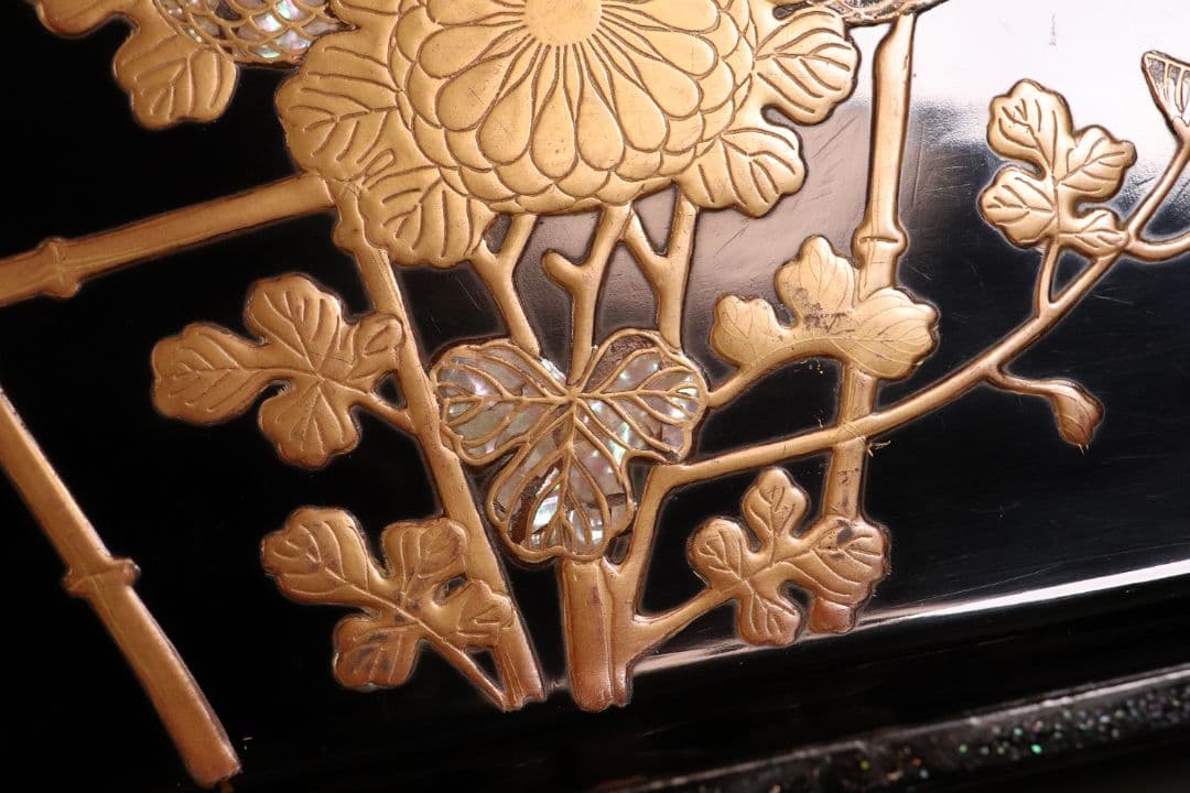 時代 光琳蒔絵 脇取盆 二枚 螺鈿 菊 金銀蒔絵 長方盆 広蓋 黒塗 MA404