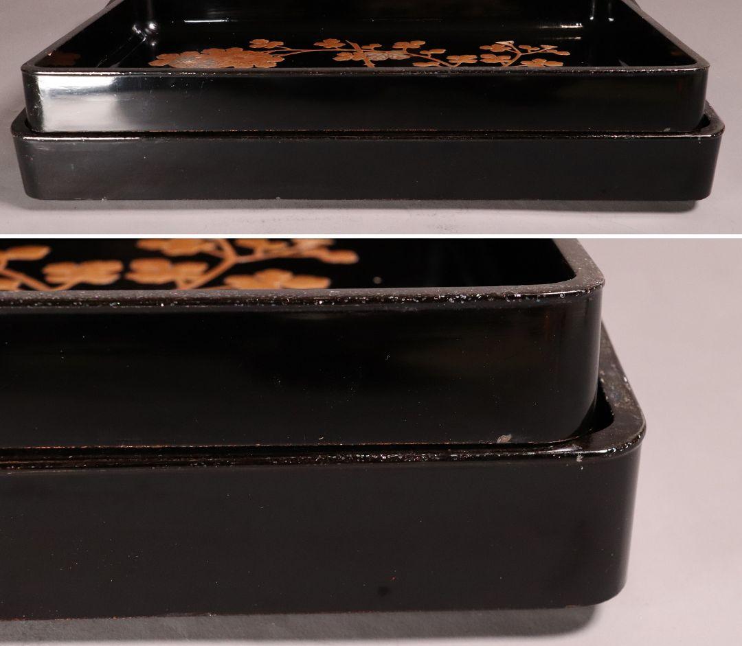 時代 光琳蒔絵 脇取盆 二枚 螺鈿 菊 金銀蒔絵 長方盆 広蓋 黒塗 MA404