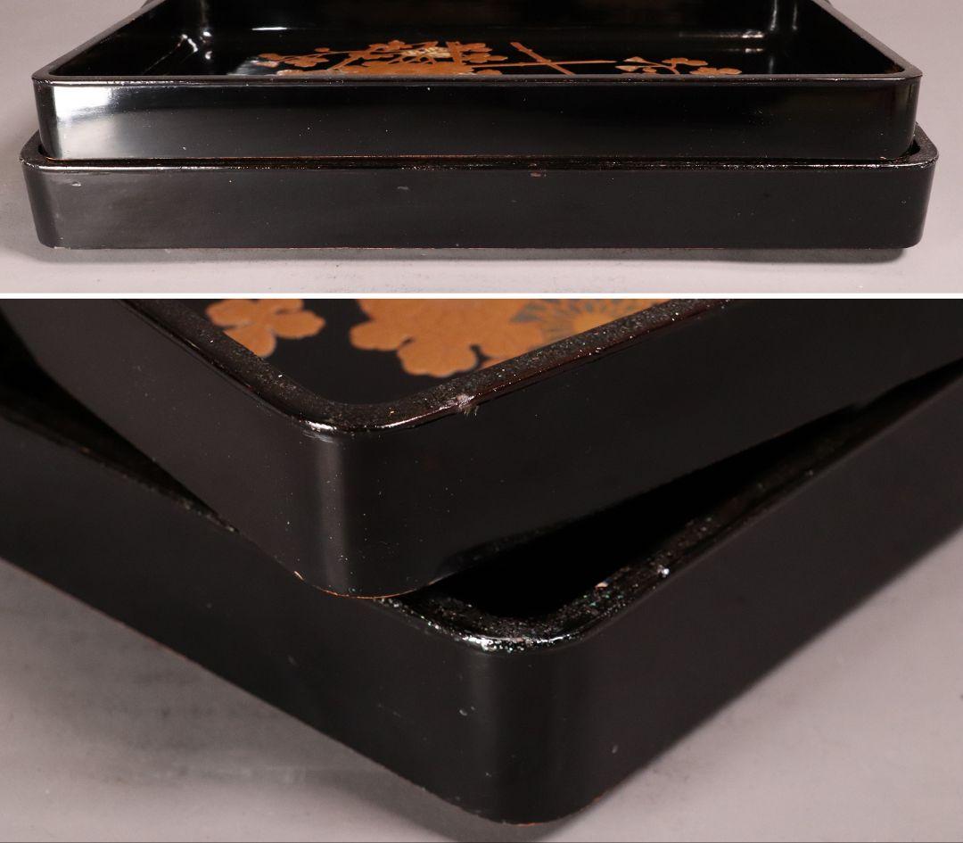 時代 光琳蒔絵 脇取盆 二枚 螺鈿 菊 金銀蒔絵 長方盆 広蓋 黒塗 MA404