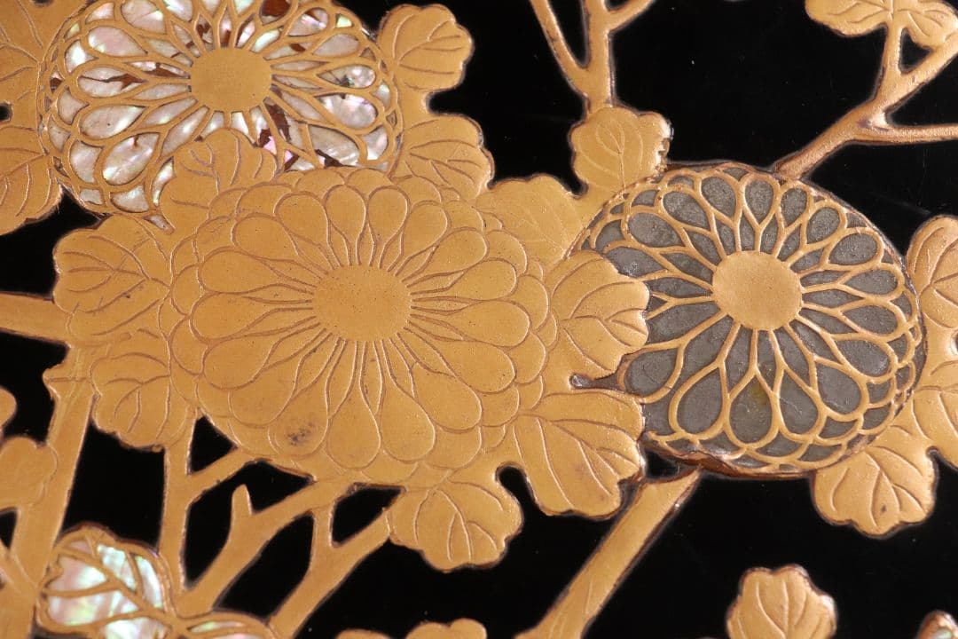 時代 光琳蒔絵 脇取盆 二枚 螺鈿 菊 金銀蒔絵 長方盆 広蓋 黒塗 MA404