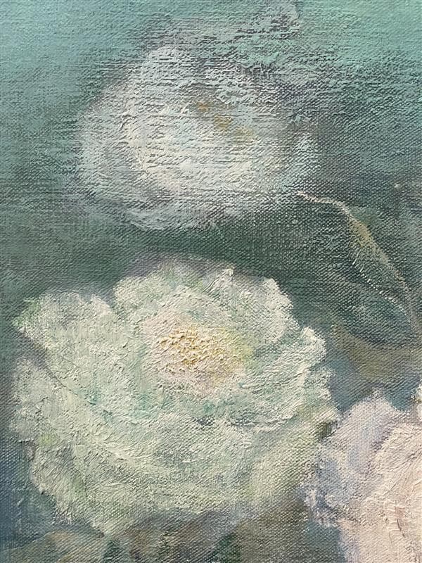 「真作」松下絹子「朝の花 牡丹」静物画　油彩画　額装　サイン有り　P8号