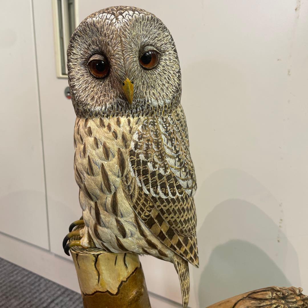 彫刻，ふくろう、木彫り、アンティーク品，置物