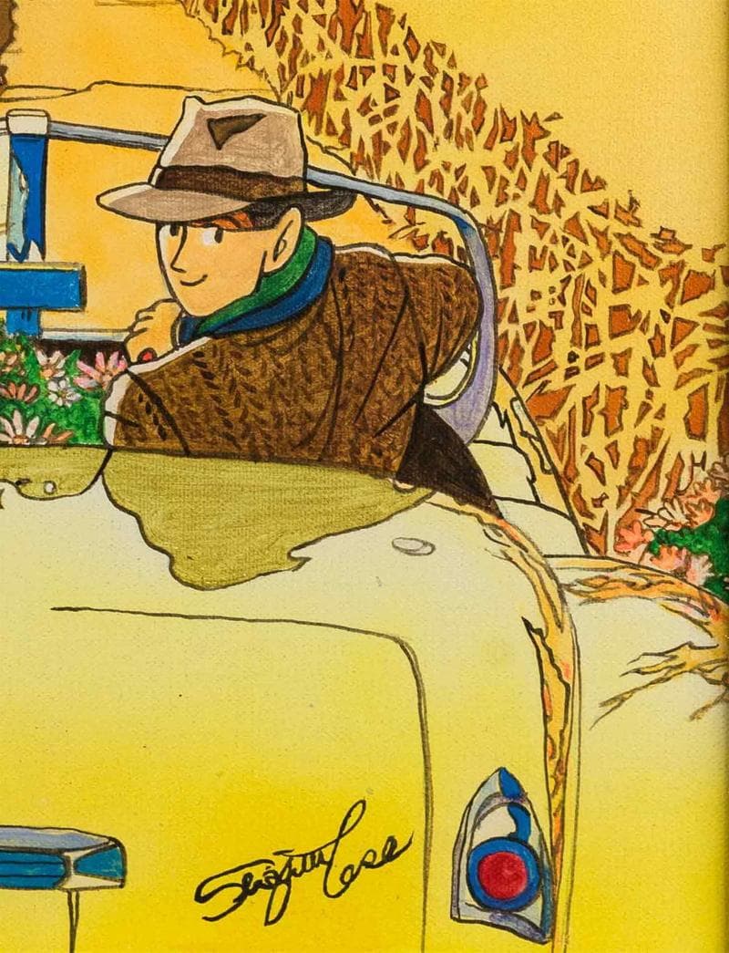 わたせせいぞう　アクリル　肉筆『ドライブ風景』表と裏サイン　F6号　額　b801