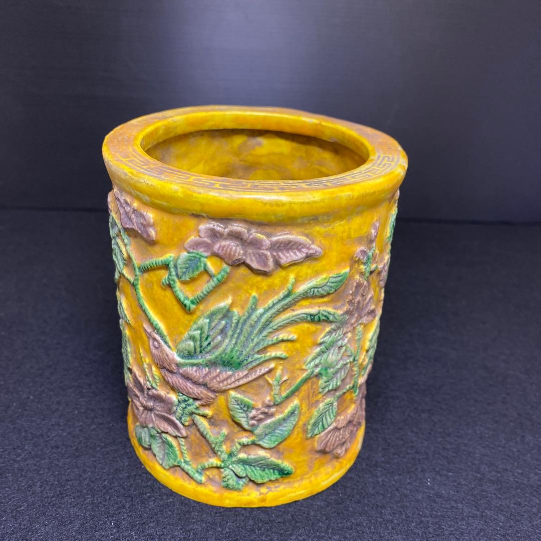 中国美術　雍正年製　花鳥図　筆筒　タルオ　高さ12.5㎝ 東里8-0130②