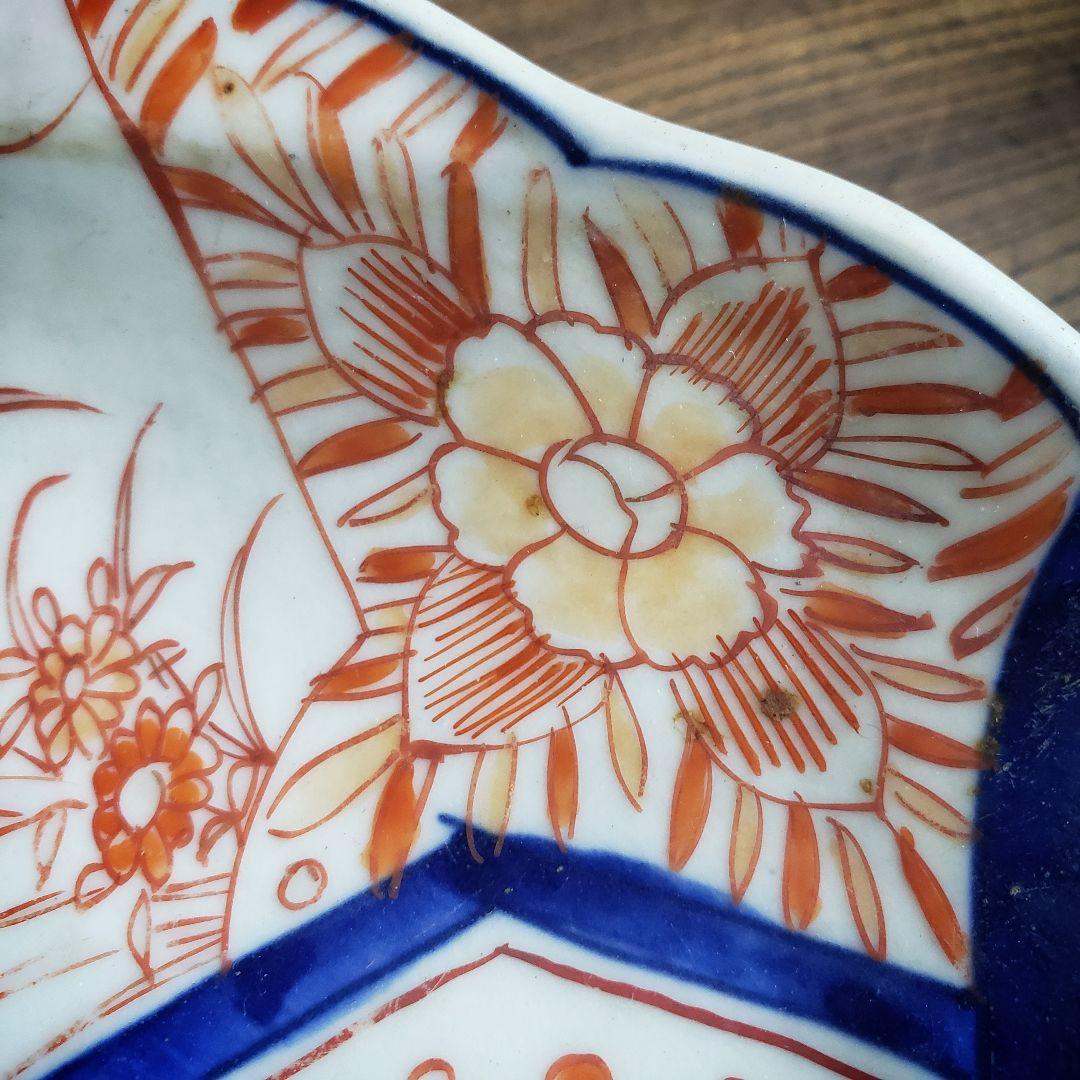 古伊万里　染付　赤絵　変形皿　貝型　蝙蝠　蝶　唐草　明治　訳あり