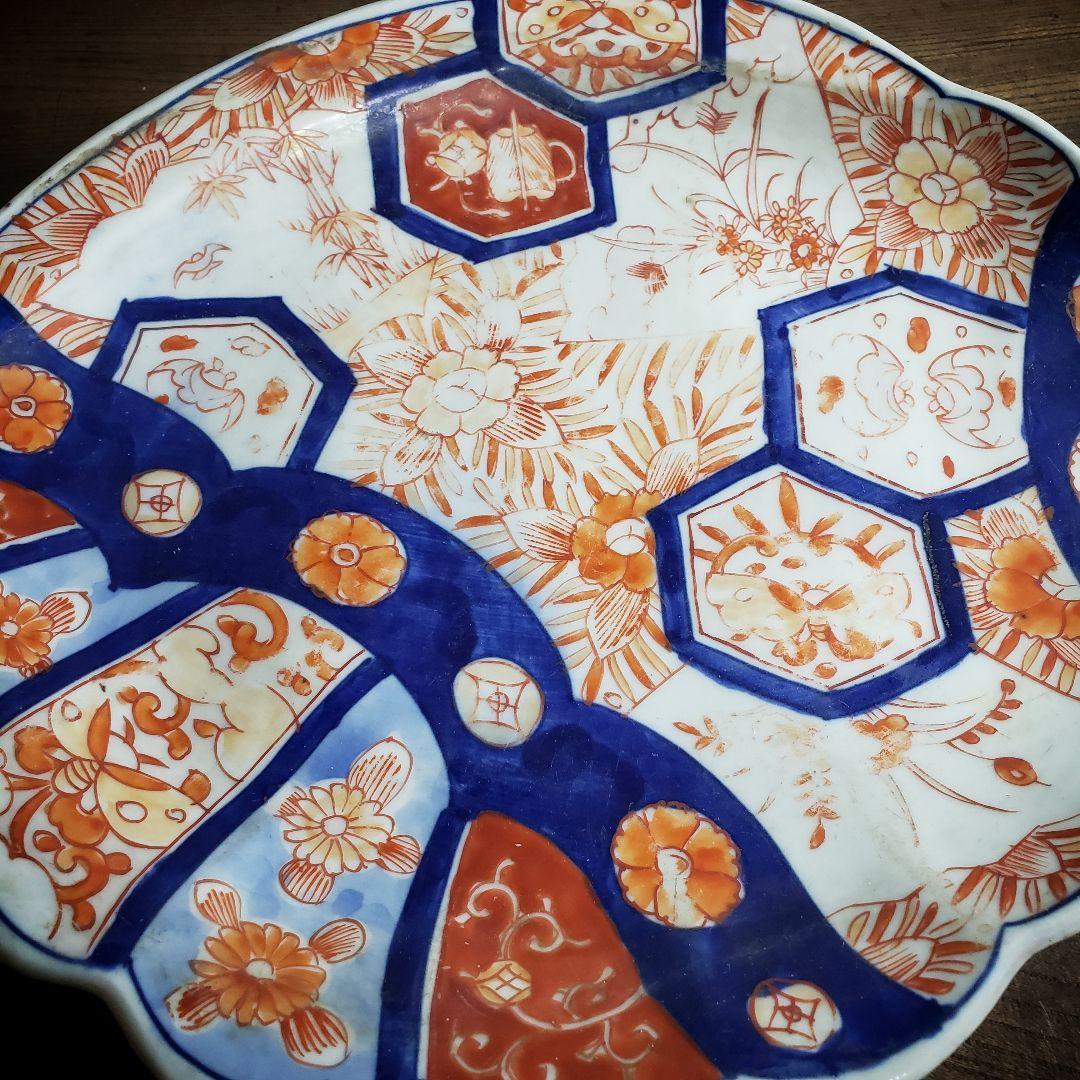 古伊万里　染付　赤絵　変形皿　貝型　蝙蝠　蝶　唐草　明治　訳あり