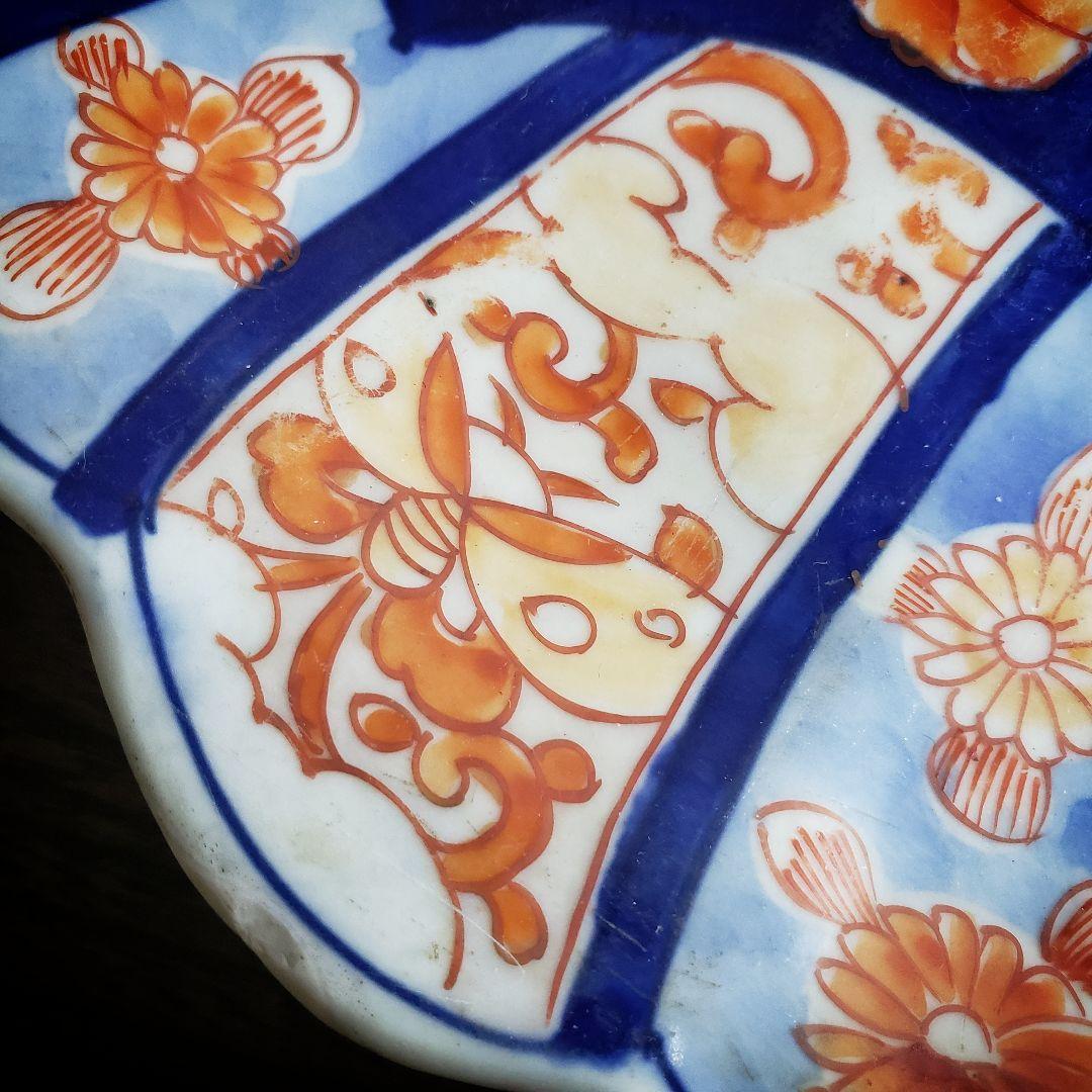 古伊万里　染付　赤絵　変形皿　貝型　蝙蝠　蝶　唐草　明治　訳あり