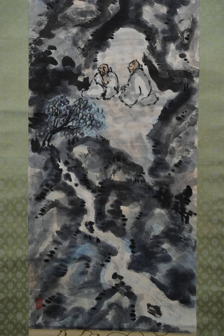 【真作】尾関栗庵/僊士談玄図/僊士図/山水人物図/掛軸/名家伝来/Z-896