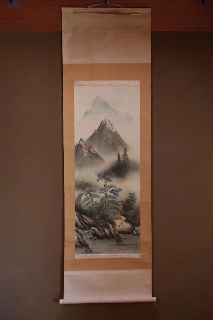 彩色山水画 香山作　掛け軸　絹本