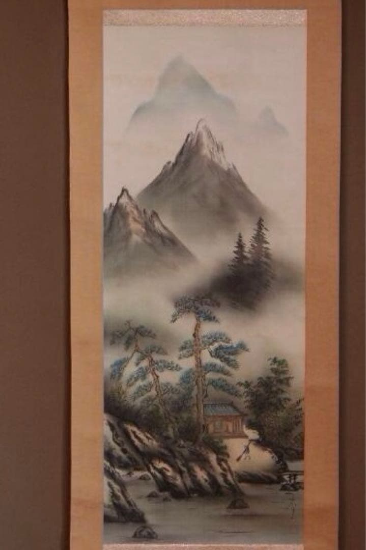 彩色山水画 香山作　掛け軸　絹本