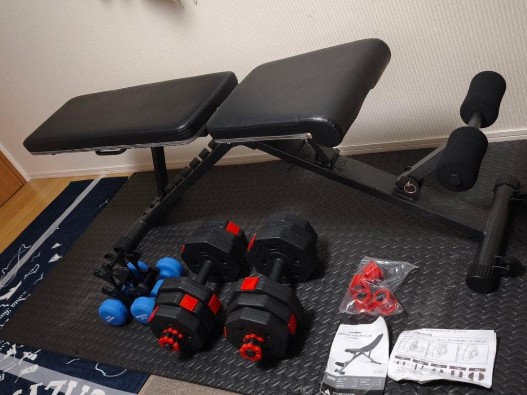 ☆おうちジム フルセット②ベンチ、マット、ダンベル 2個づつ+ダンベルラック ☆
