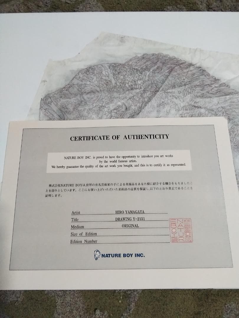 ヒロヤマガタ　巨匠真作魚直筆ドローイング鉛筆木炭画5号額無し保証書あり