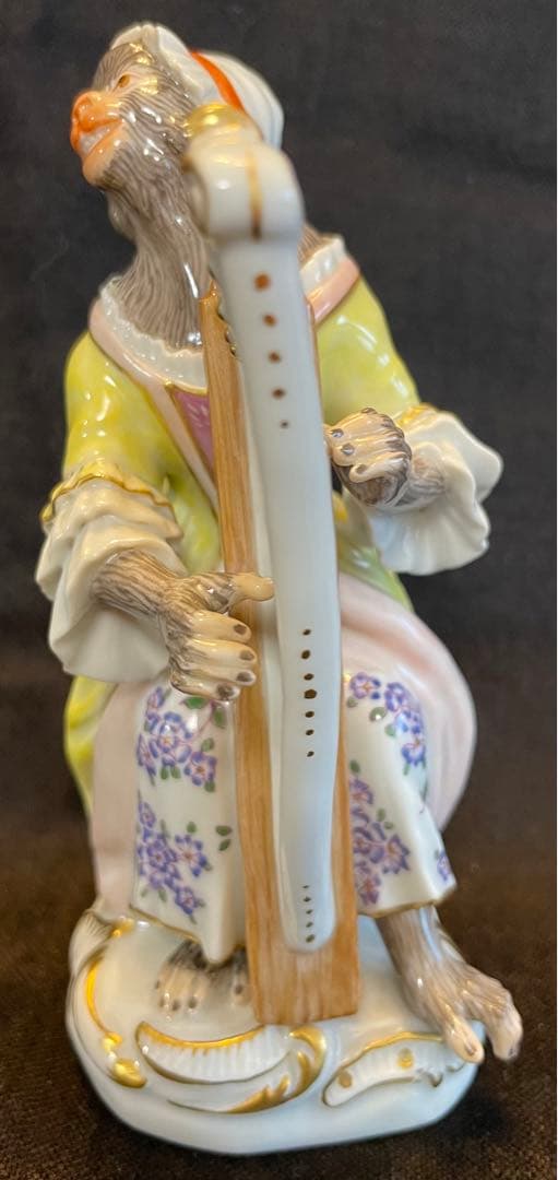 【美品】マイセン 猿の楽団 ハープ イエロー/ピンクドレスフィギュリン 1級品