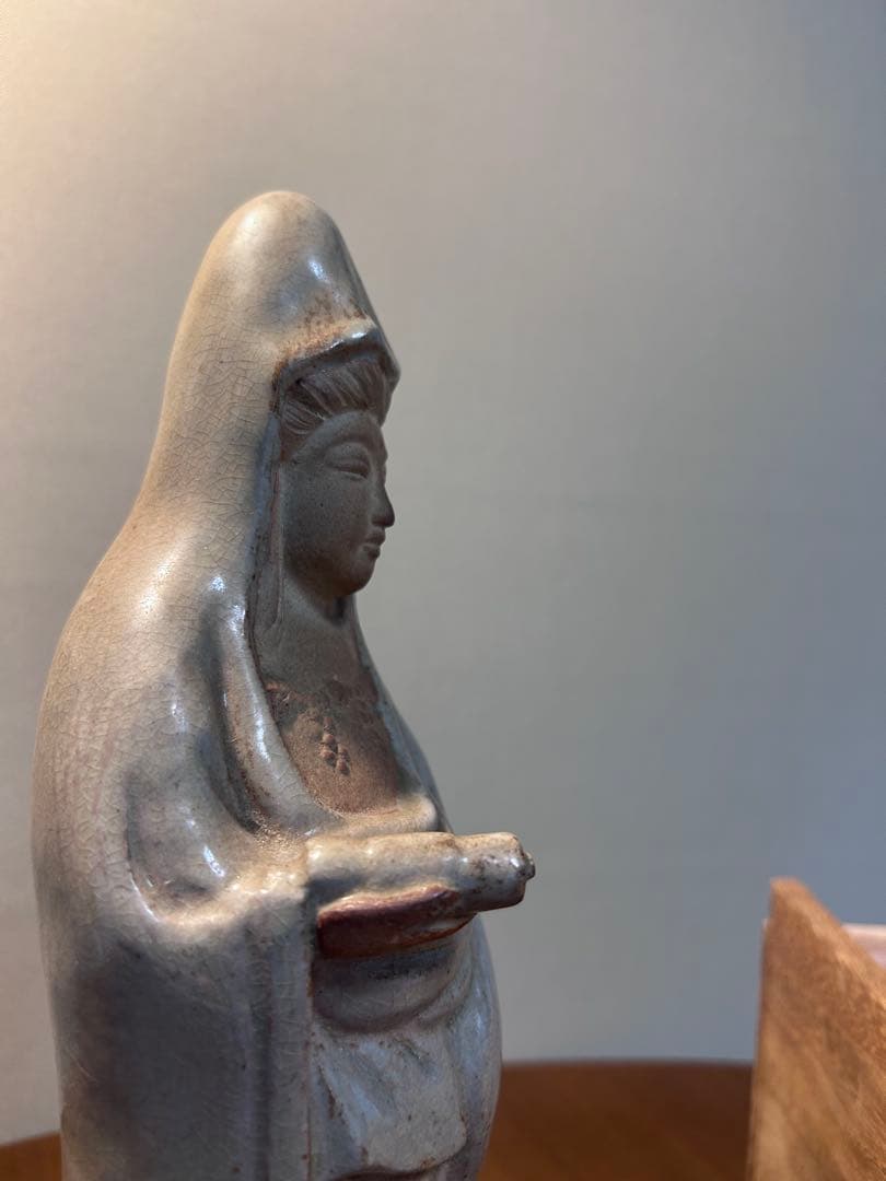 萩焼　大和松緑（大和吉孝）作 観音菩薩立像　元窯　観音置物　共箱付