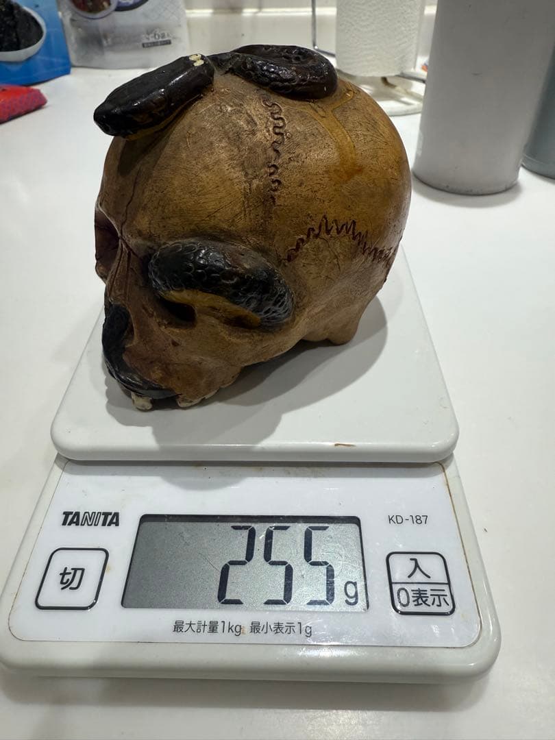 髑髏蛇レトロ置物スカルと蛇の彫刻 陶器