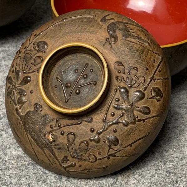 会津塗鉄錆塗木製蒔絵富士山吸物椀4個[B34144]