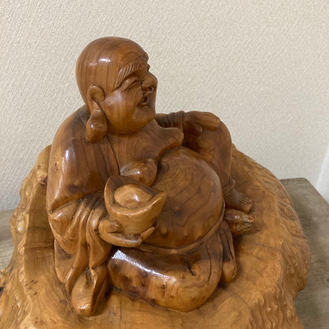 大型　天然木　木彫り　七福神　布袋様　中国美術　置物〈検 オブジェ　 仏像　瘤木
