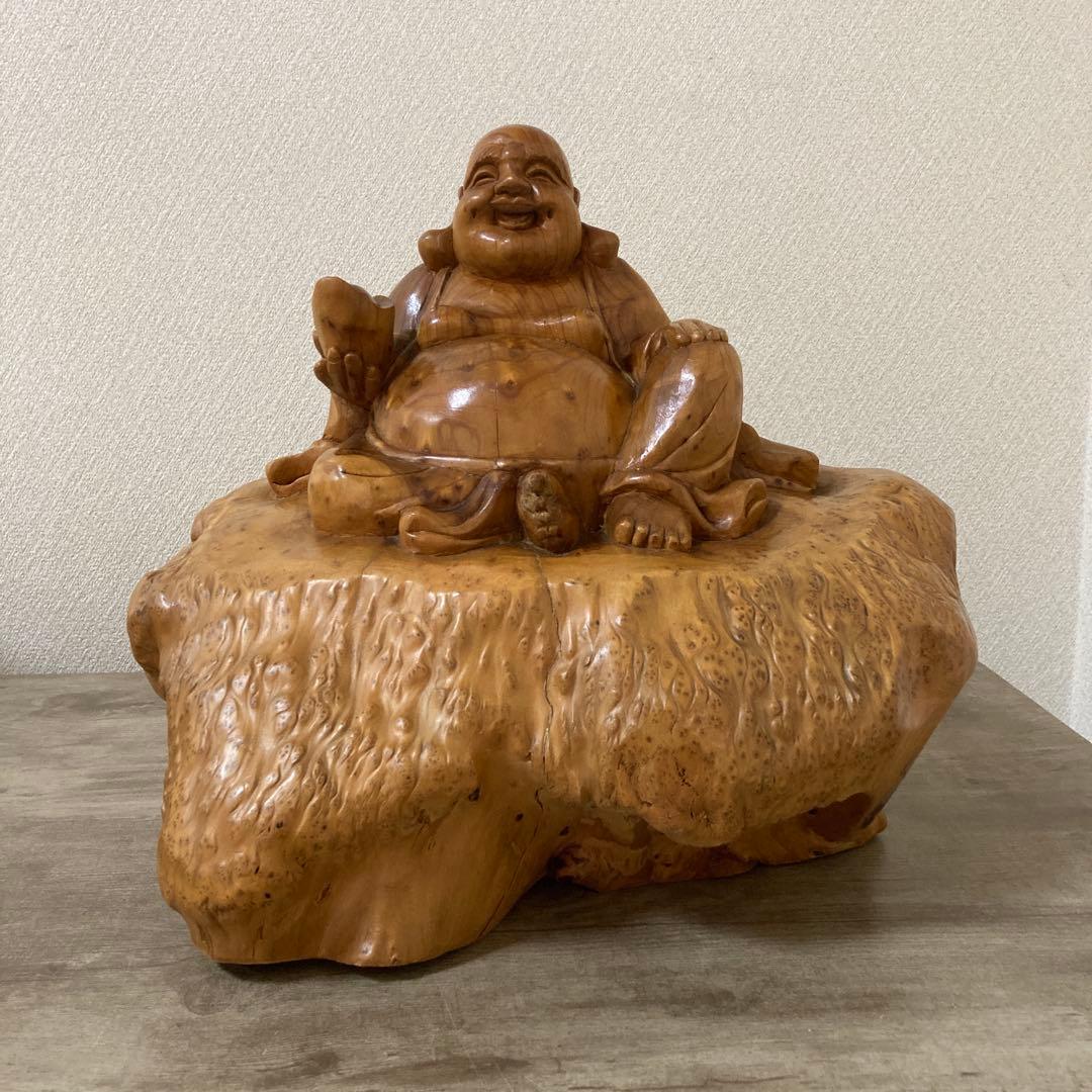 大型　天然木　木彫り　七福神　布袋様　中国美術　置物〈検 オブジェ　 仏像　瘤木