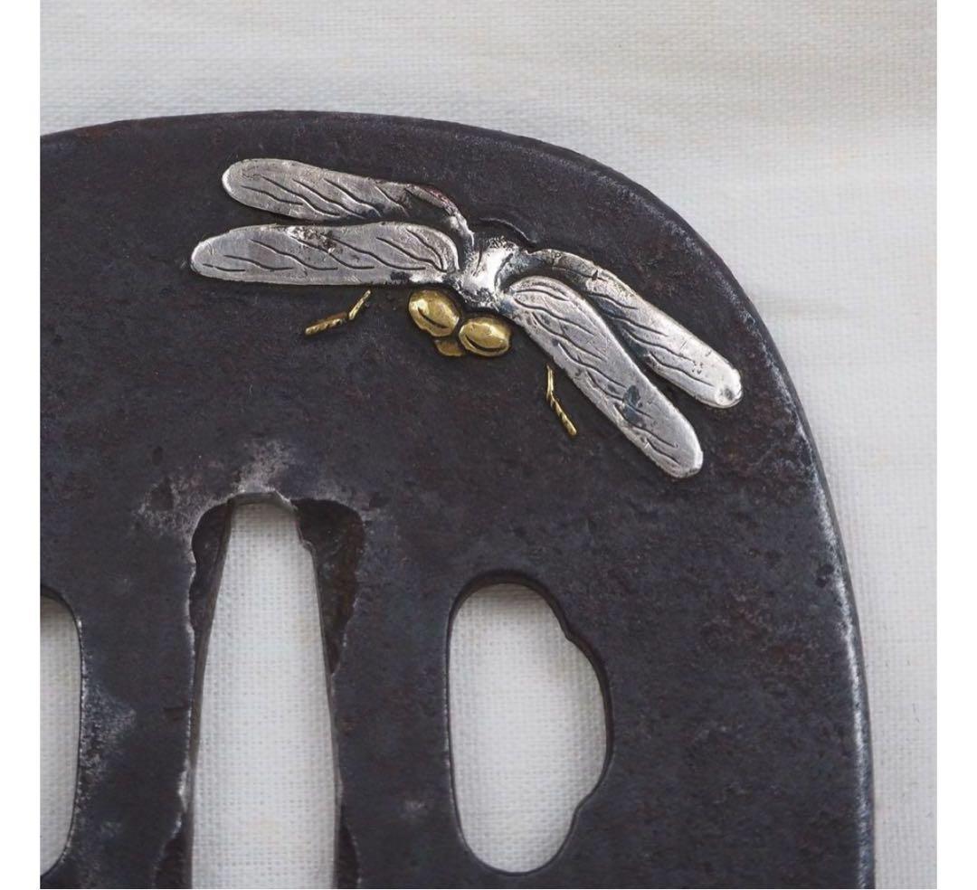 送料無料　江戸時代　勝虫図鐔/鍔　江戸　無銘　保存刀装具鑑定書（箱付）