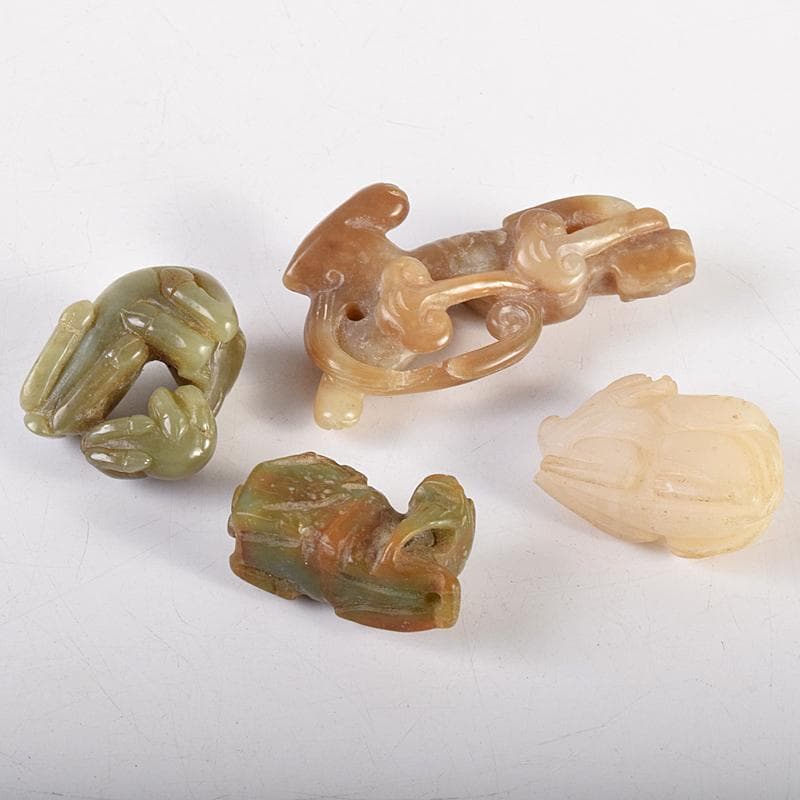 中国　玉石彫刻　神獣　根付　紙鎮　置物　4点まとめて　D　R8460