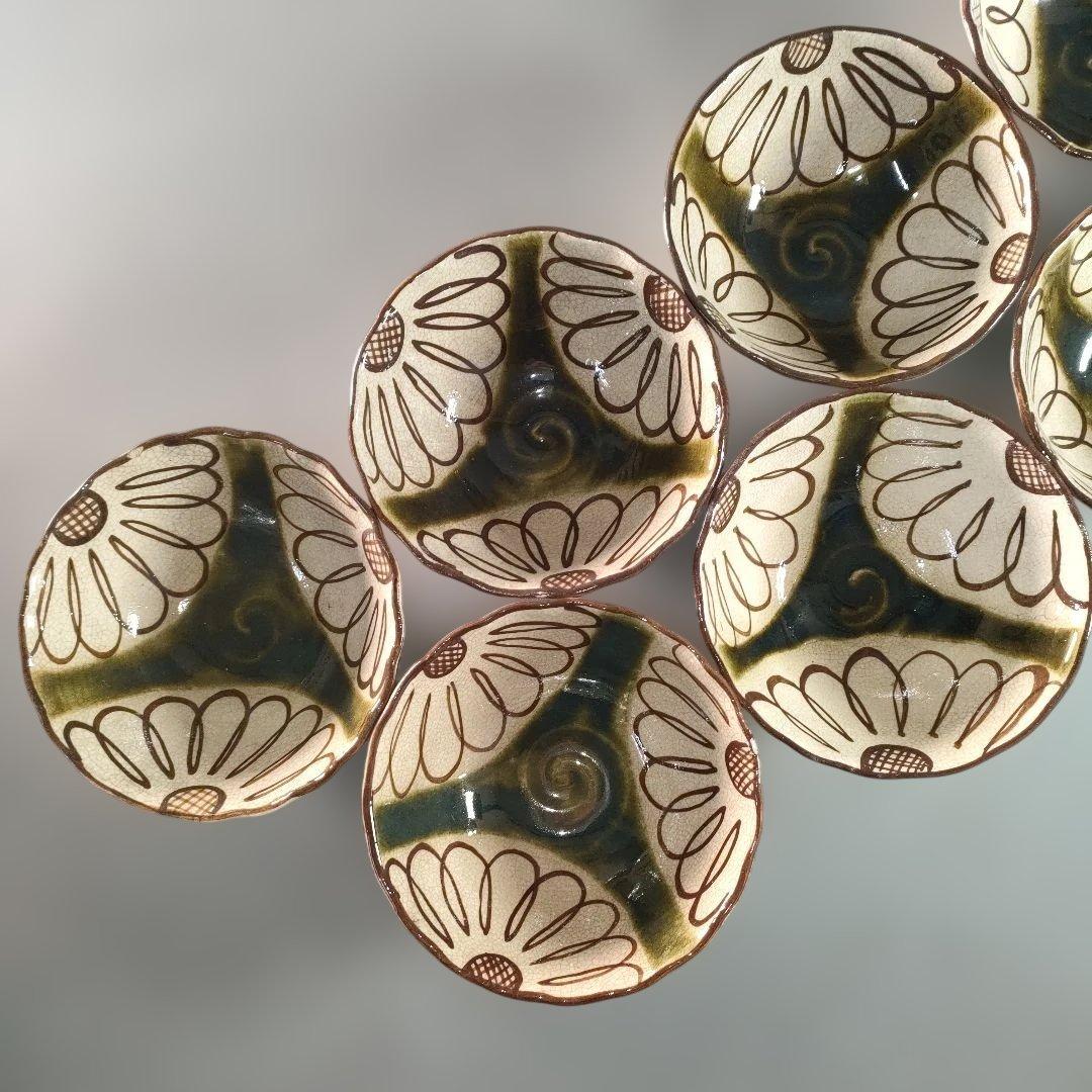 A1346-4/織部向日葵文茶碗揃10客/小鉢/向付/銘々皿/飾鉢/懐石道具/