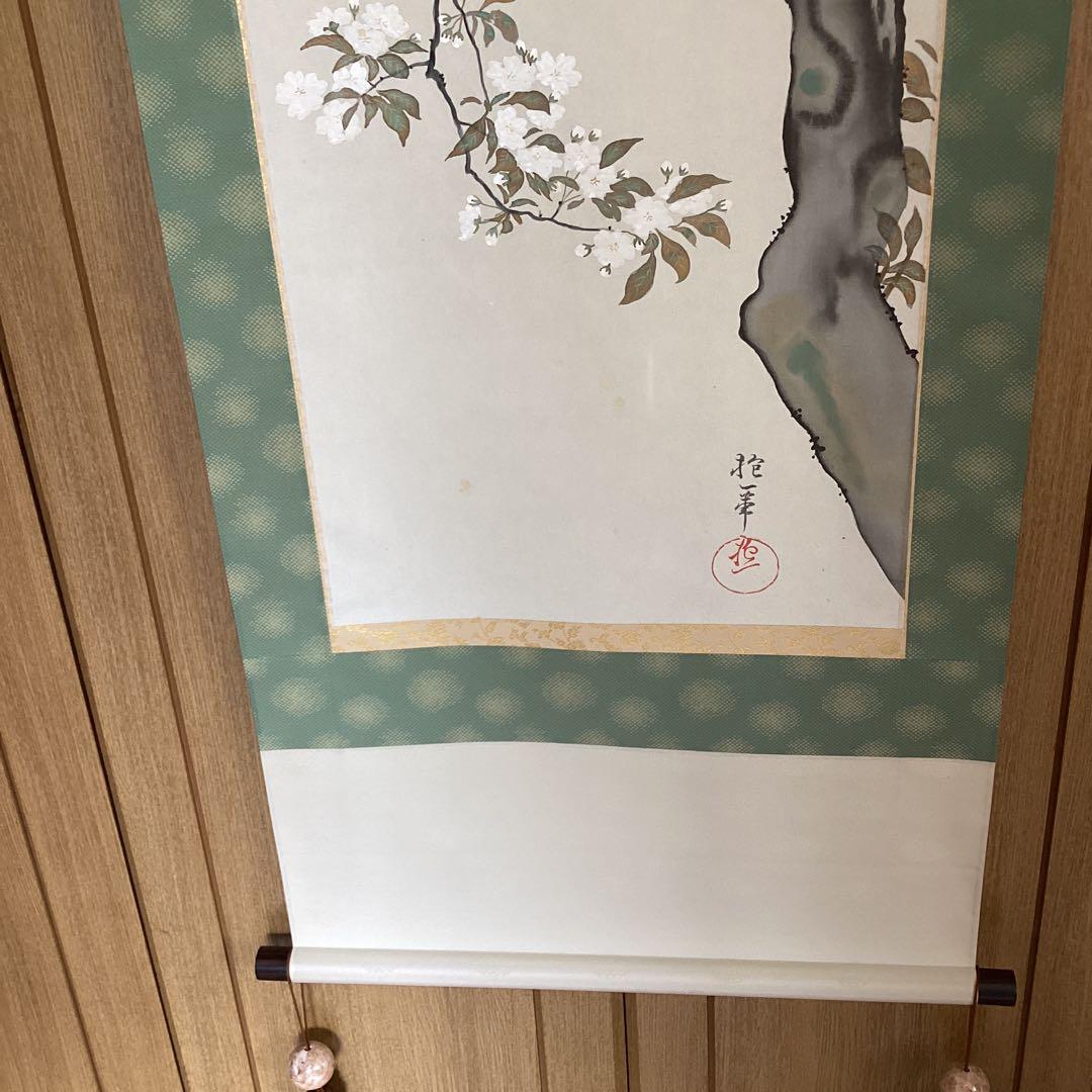 酒井抱一　【後描彩色画】　【櫻に雉子之図】　絹本掛軸　　軸先紫檀　稀有作品です。