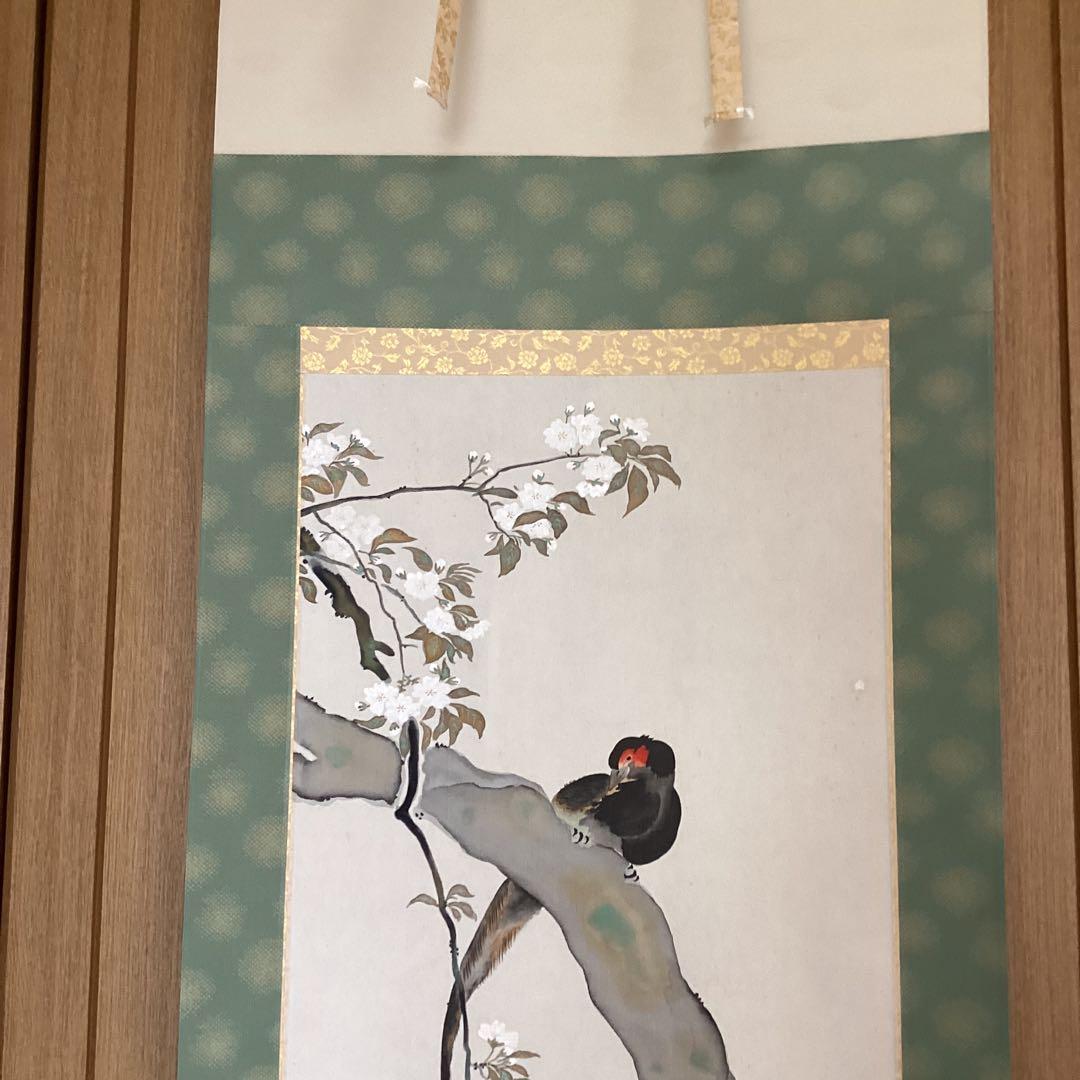 酒井抱一　【後描彩色画】　【櫻に雉子之図】　絹本掛軸　　軸先紫檀　稀有作品です。