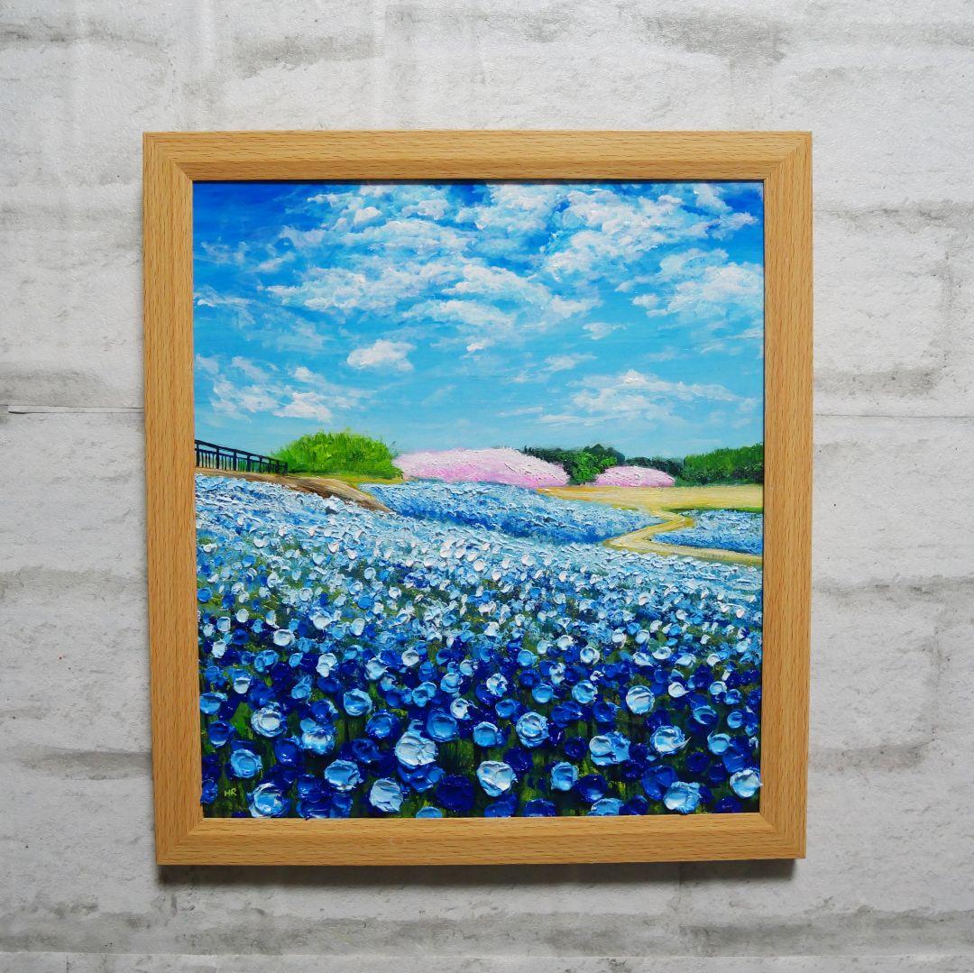 油絵 油彩 油彩画 絵 絵画 【ネモフィラと桜】