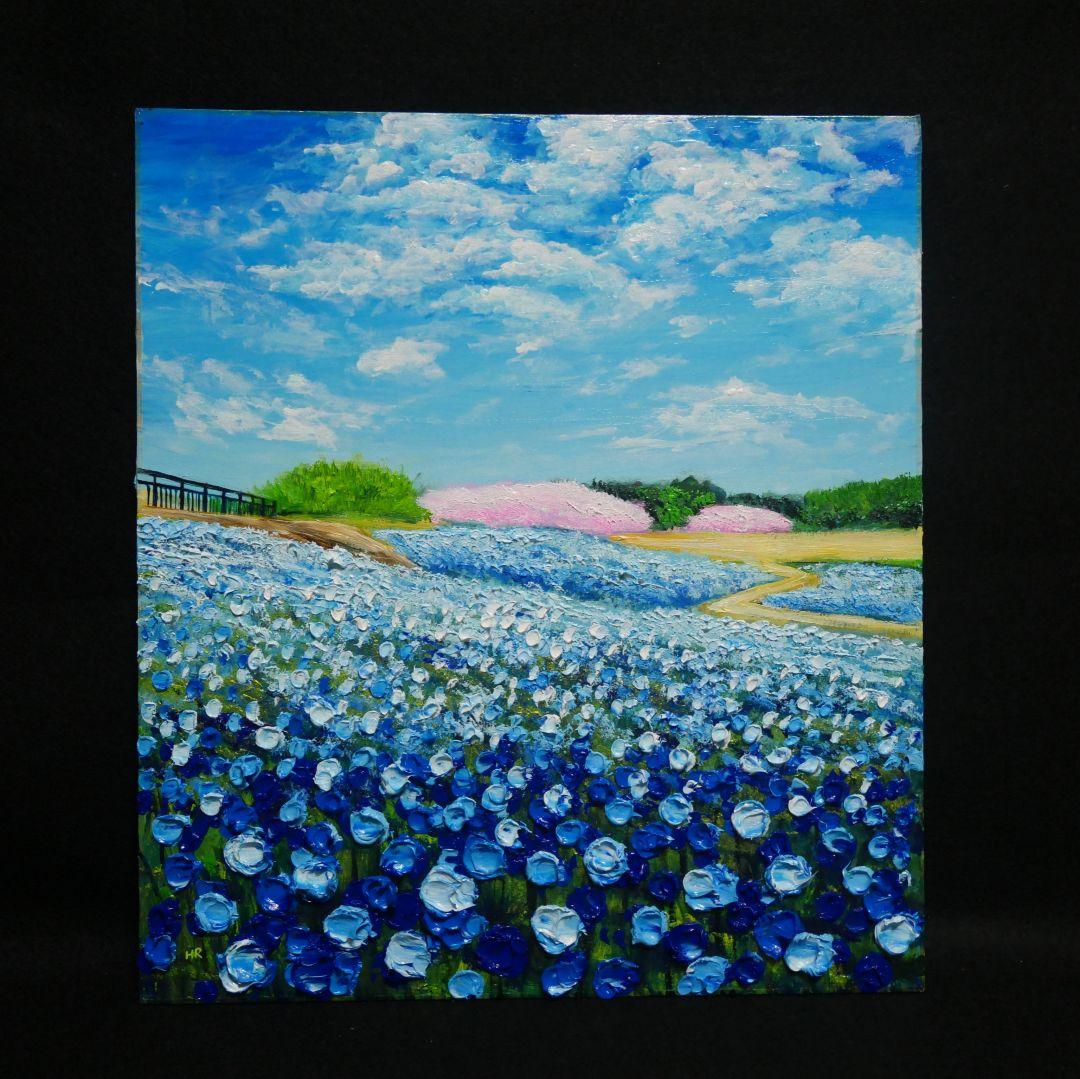 油絵 油彩 油彩画 絵 絵画 【ネモフィラと桜】