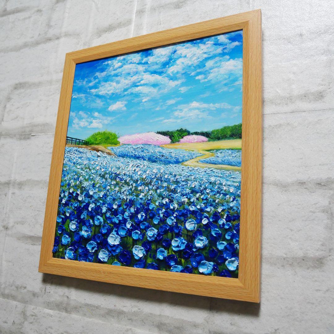 油絵 油彩 油彩画 絵 絵画 【ネモフィラと桜】