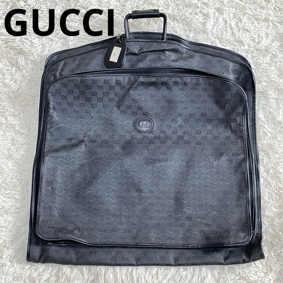 【美品】オールドグッチ　ガーメントバッグ　ネームタグ　GGキャンバス　ブラック