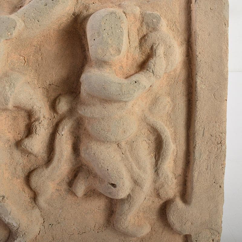 中国　朱泥　人物刻　陶版　壁飾　V　R6812