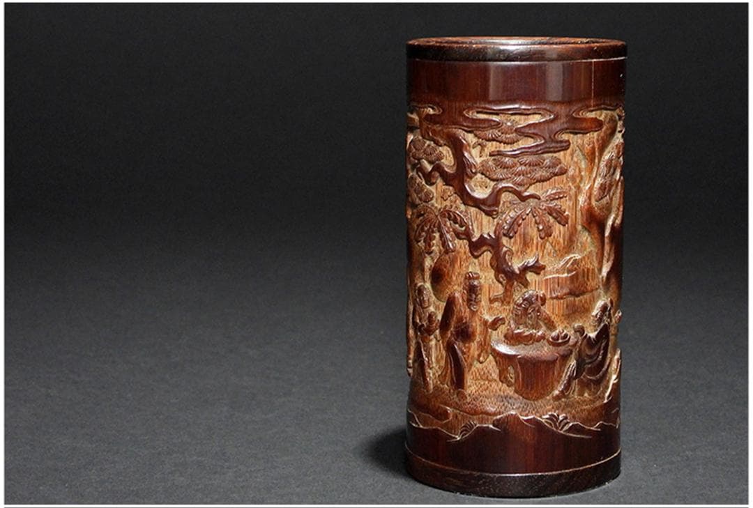中国美術 古竹 彫刻 風景 賢人 図 筆筒 筆立/文房具書道具筆墨紙硯