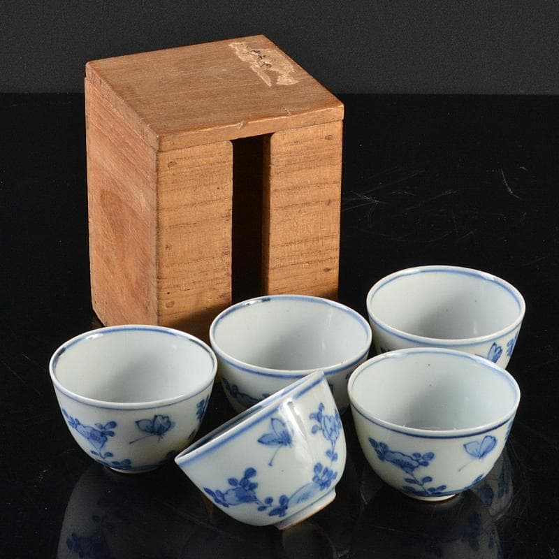 煎茶道具　伊万里焼　古伊万里　染付　花蝶文　煎茶碗　五客　時代箱　D　R6222