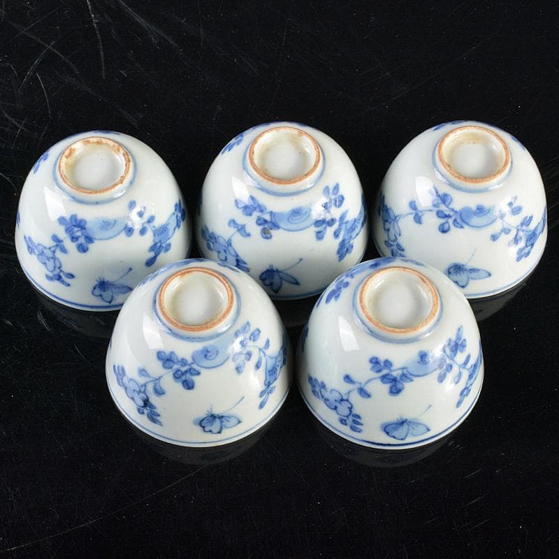 煎茶道具　伊万里焼　古伊万里　染付　花蝶文　煎茶碗　五客　時代箱　D　R6222