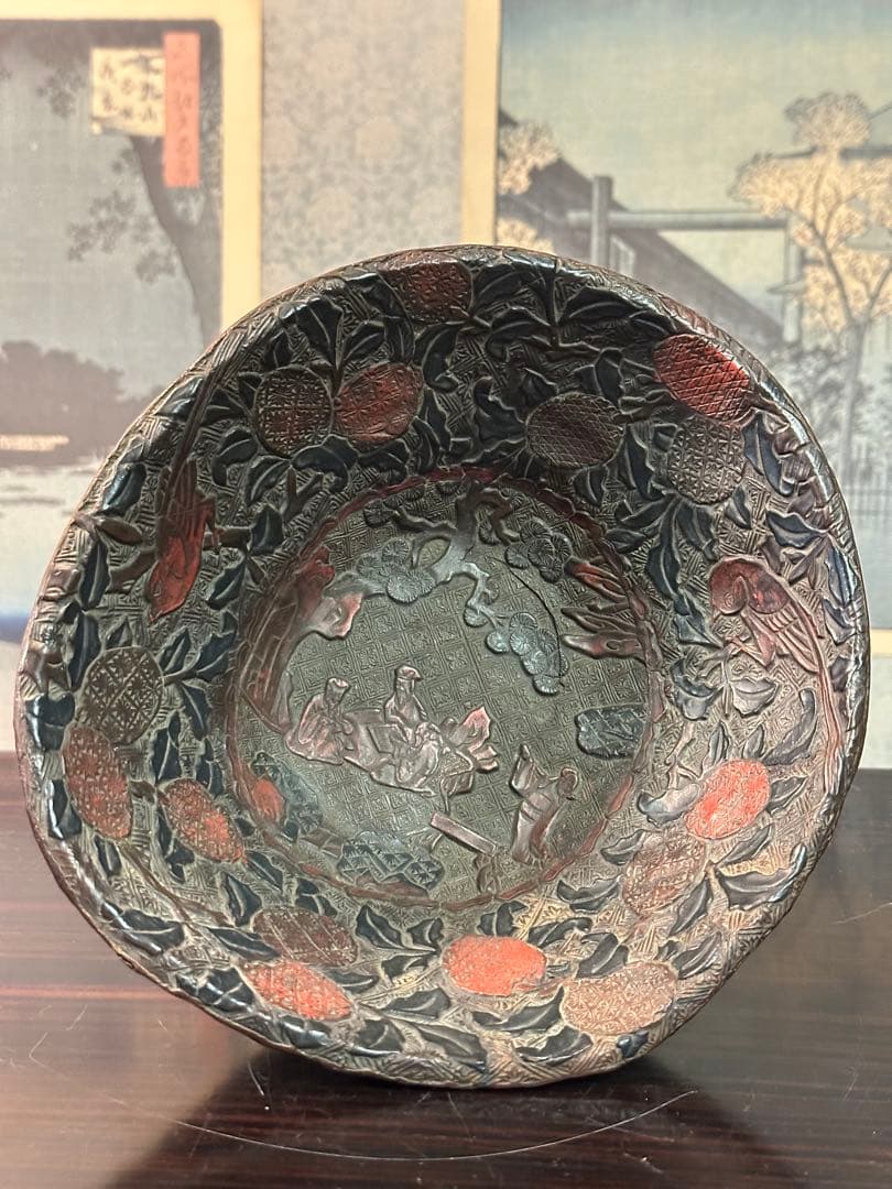 明時代堆朱茶碗 漆雕刻盃 堆朱漆刻 中國古美術 高 11cm
