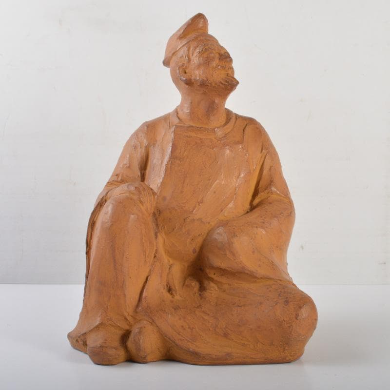 常滑焼　片岡静観造　柿本人麻呂（人磨）　人物像　置物　共箱　V　6421A