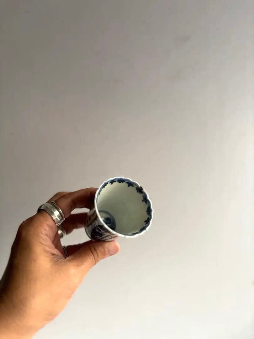 726 骨董 アンティーク 川本半助 真陶園半介 瀬戸染付輪花杯 2点組 金継ぎ