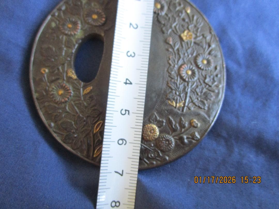 鍔　象嵌鍔　鏡鍔　材質【真鍮又は銅】1枚　花模様の金属製鍔(つば)
