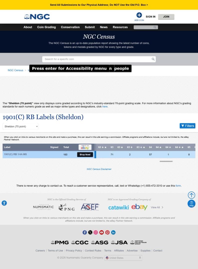 NGC-MS63RB イギリス領インド 1/4Anna 1901 ヴィクトリア