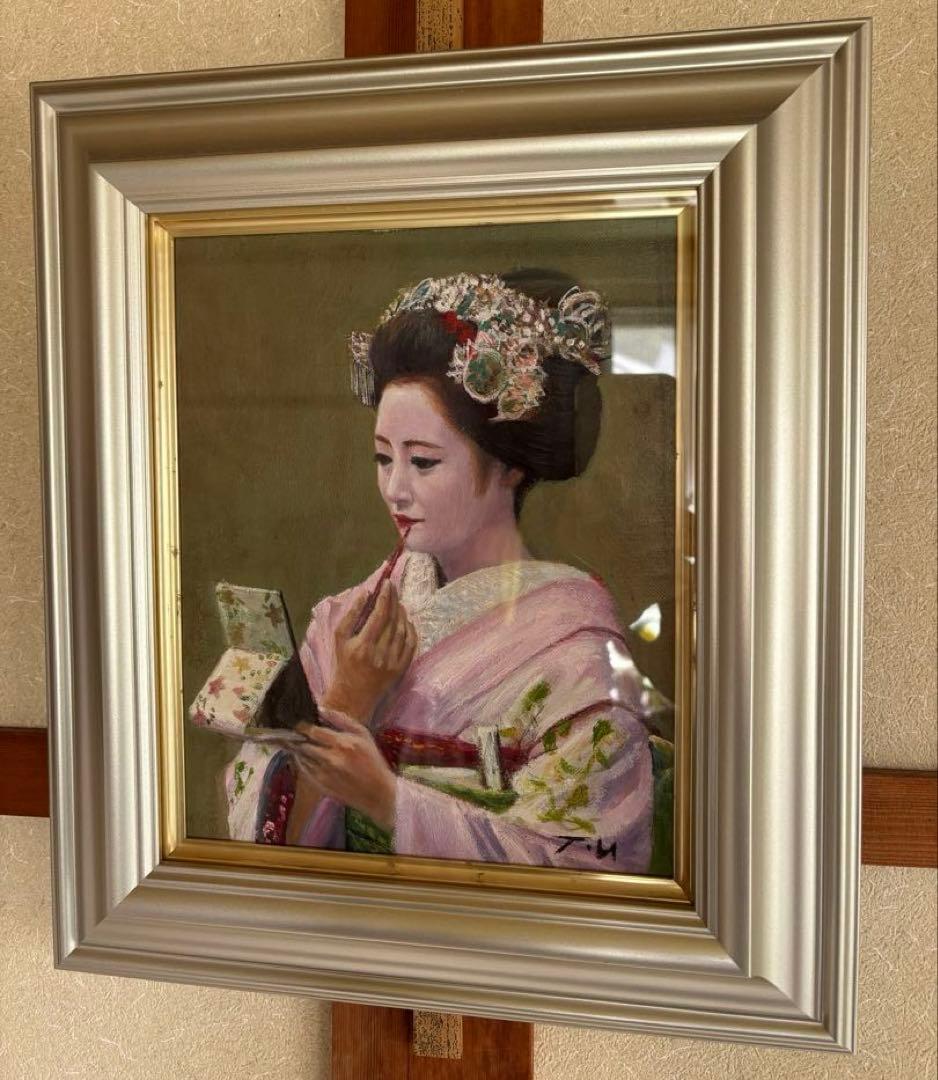 絵画「舞妓 紅をさす」洋画、油絵、3号宇野孝之、箱有り