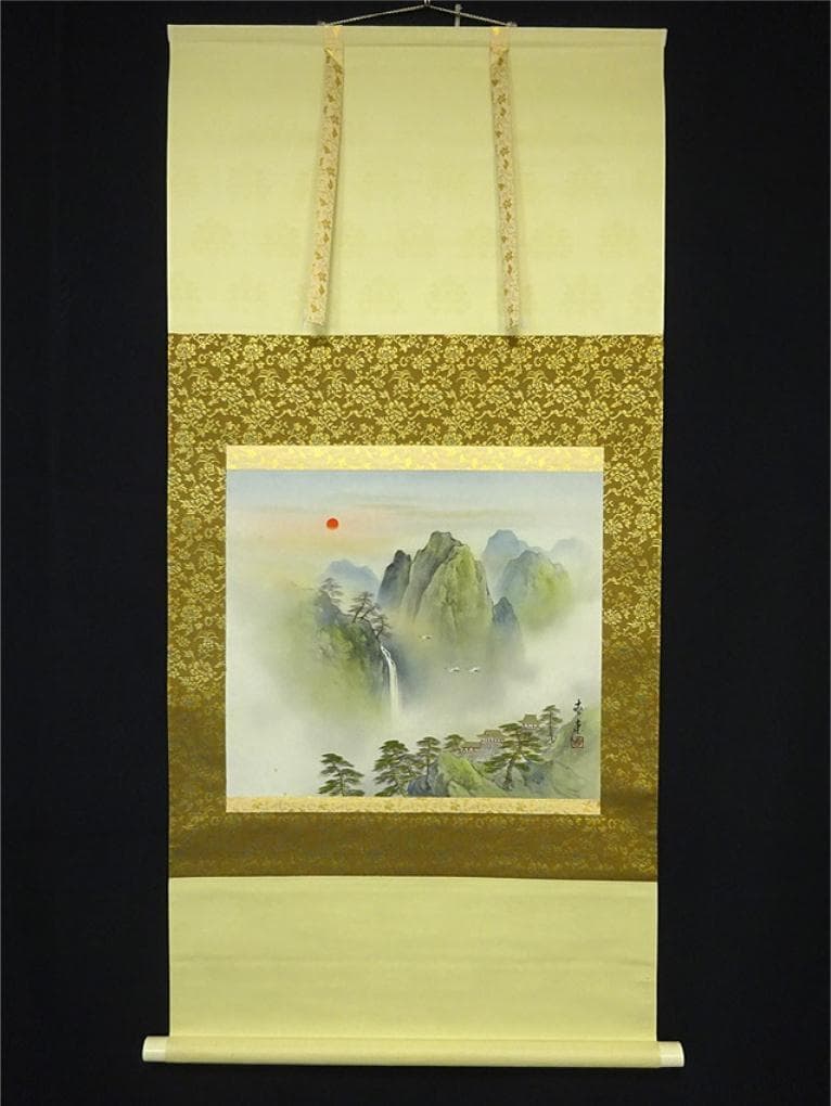 【真作】掛軸 吉井春堂『蓬莱山図』日本画 絹本 共箱付 掛け軸 a07027