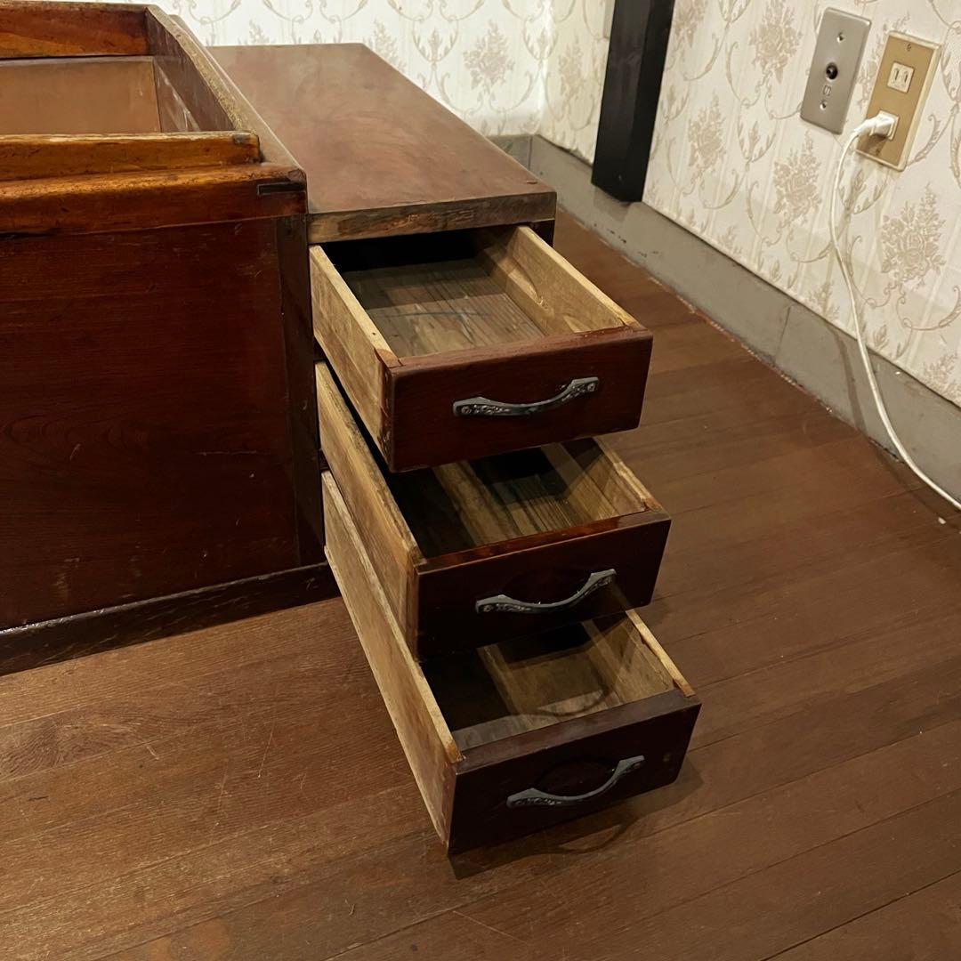 【アンティーク】木製 無垢材 火鉢 長方形 関東火鉢 銘木 引き出し収納付