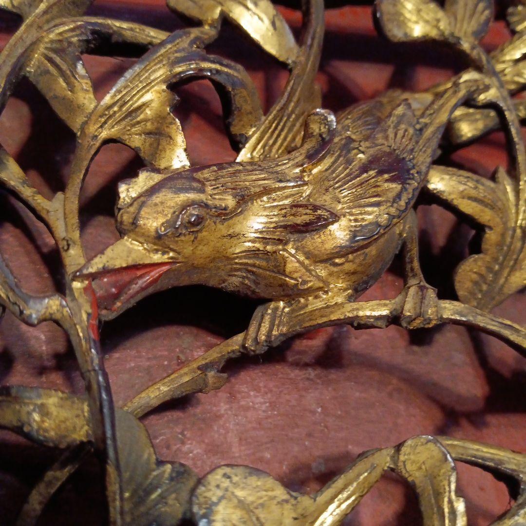 木彫工芸品 花鳥図 透かし彫り 金塗り　オブジェ　アンティーク