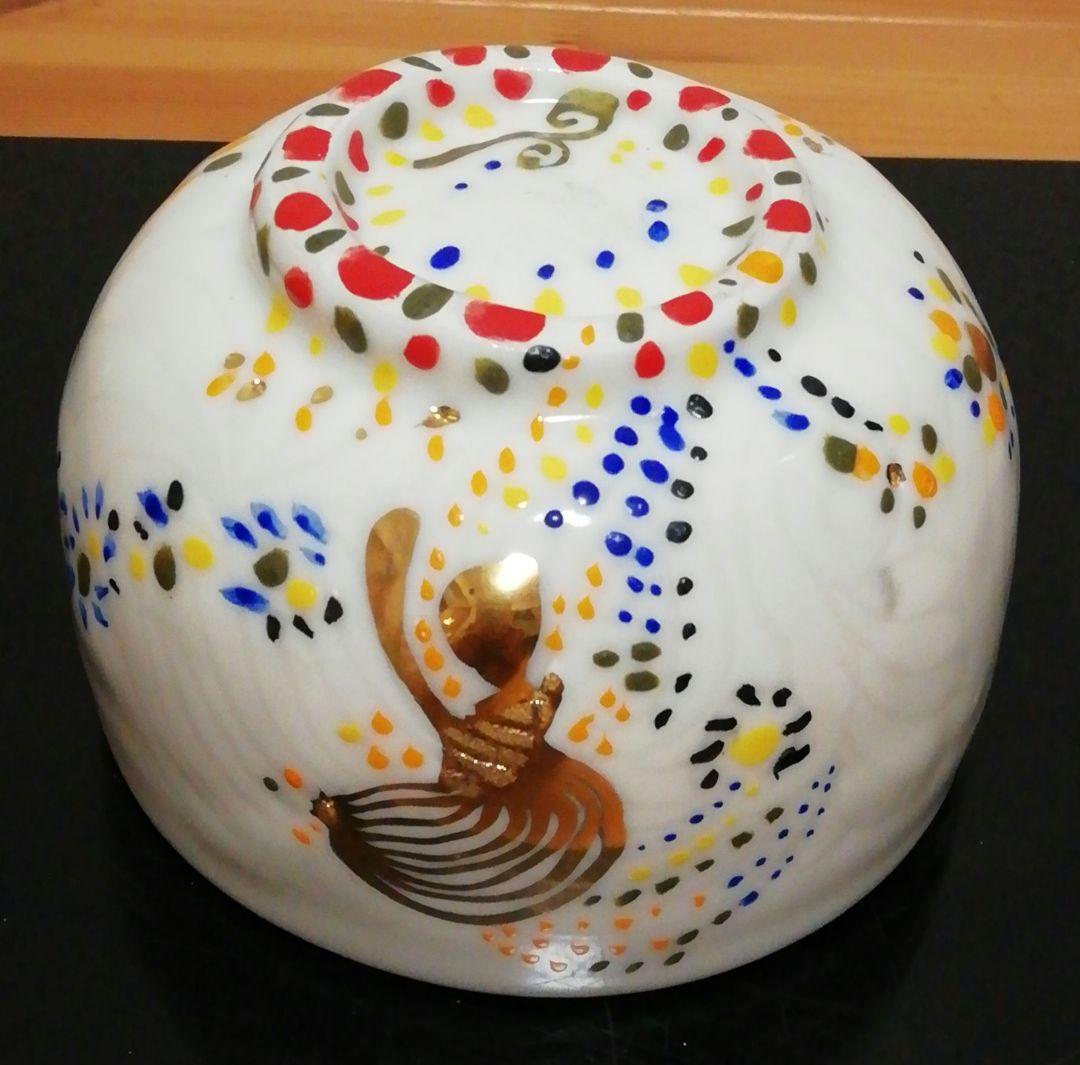 作家物　色絵　鳥図　茶碗　木箱付　仕服付　茶道具