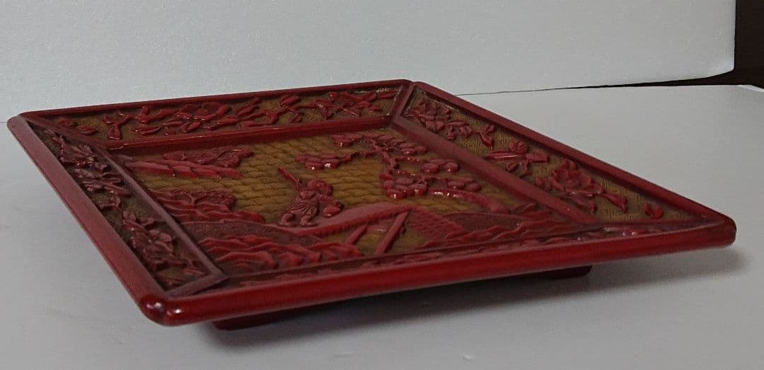 唐物 堆朱香盆　文彫刻盆　　香盆　煎茶盆　堆朱